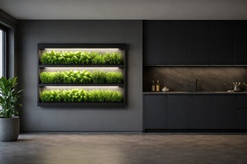 Vertical Smart Herb Garden In Modern Dark Kitchen.
Wall mounted hydroponic garden with glowing herbs and empty space, presenting interior design trend for sustainable wellness kitchens.