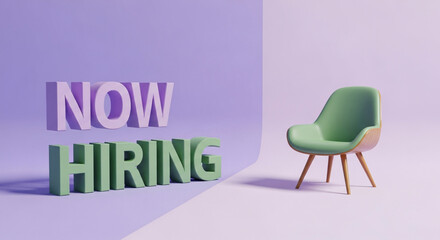 Now hiring sign with a green chair on a purple background