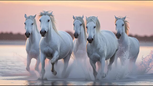 Majestic white horses galloping through water at sunset, cinematic slow motion, golden hour lighting, serene natural landscape, freedom and power concept