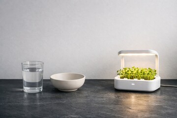 Desktop Hydroponic Kit With Water And Ceramic Bowl.
Small glowing planter with glass and bowl on dark surface and copy space, showing calm smart kitchen wellness and modern lifestyle scene.