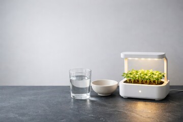 Desktop Hydroponic Kit With Water And Ceramic Bowl.
Small glowing planter with glass and bowl on dark surface and copy space, showing calm smart kitchen wellness and modern lifestyle scene.