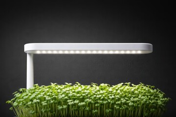 Led Grow Light Above Microgreens On Dark Wall.
Minimal composition with white lamp and green plants against dark background and copy space for smart gardening and wellness branding.