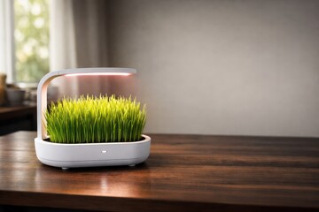 Smart Wheatgrass Planter In Morning Kitchen Light.
Hydroponic planter on dark table with mixed natural and led light and copy space, presenting peaceful modern food wellness lifestyle.