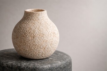 Mycelium Bio Vase On Stone Pedestal In Minimal Interior. Close up of a sculptural vase made from natural mycelium biomaterial on a dark stone pedestal, showing organic texture.