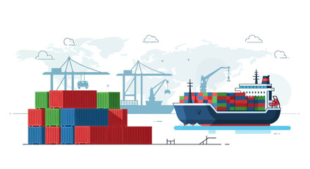 An industrial cargo ship loaded with colorful shipping containers sails past a port with stacked containers and cranes in the background, under a light blue sky with clouds. © Asap