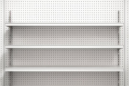 Empty white metal retail shelf with pegboard wall background for product display in commercial store interior. Ai generative. Ai generative