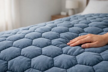 Hand Touching Soft Mattress Surface In Calm Bedroom.
Close view of a hand testing quilted mattress texture in a peaceful bedroom, symbolizing comfort, sleep quality and everyday home wellness rituals.
