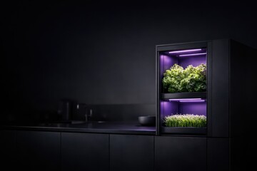 Indoor Vertical Garden With Purple Grow Lights.
Smart home growing system with fresh green plants under LED lighting, combining technology, sustainability and healthy lifestyle inside modern kitchen.