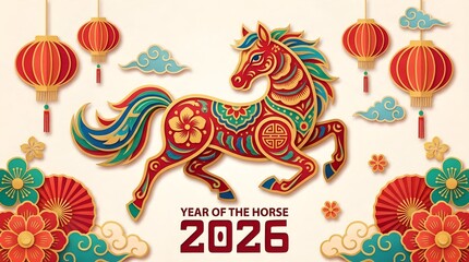 Celebration of the year of the horse with colorful decorations in anticipation of 2026 and traditional lanterns Generative AI