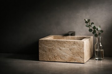 Natural Stone Sink In Dark Minimal Bathroom Interior.
Solid stone basin with modern faucet styled in moody space, expressing raw materials, calm luxury and spa inspired bathroom design.