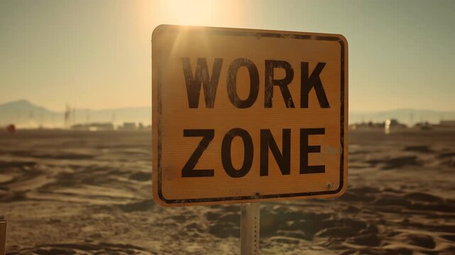 A weathered yellow work zone sign stands in a dry desolate landscape under a bright sun Caution is advised for this area