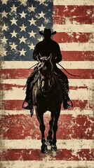 Cowboy Silhouette Grunge Flag Patriotism Rodeo