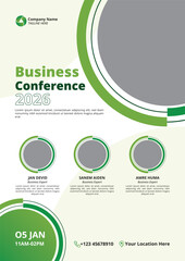 Green business conference flyer template with modern corporate layout professional speakers schedule and event information design
