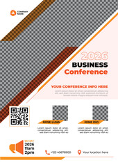 Orange business conference flyer template with modern city background professional corporate layout speakers schedule and event details