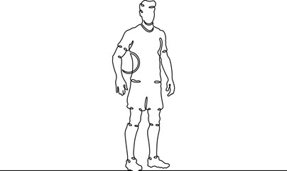 Continuous single line drawing Full-length portrait of a football player. Player in uniform. Soccer. Linear.One continuous line isolated minimalist illustration. Not AI.