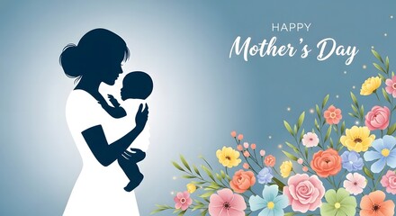 Happy mother's day celebration with mother and child silhouette and colorful flowers