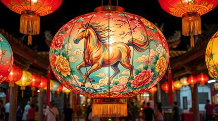Colorful lanterns with horse designs decorate a festive night market during a cultural celebration in the city Generative AI