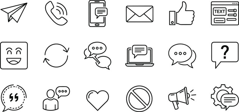 Communication and messaging icon set with chat, email, phone, feedback and social interaction symbols in outline vector style