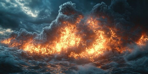 Fototapeta premium Massive explosion erupts over rough ocean waves, fire and smoke plumes rising into stormy sky. Generative by AI.