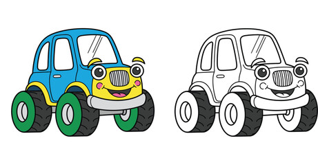 Cartoon monster truck coloring book page. Vector illustration of a happy off-road vehicle with face. Colored and black and white outline version for kids activity. © SHOHAG