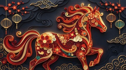 Decorative horse design with floral patterns and lanterns in a festive setting during a cultural celebration Generative AI