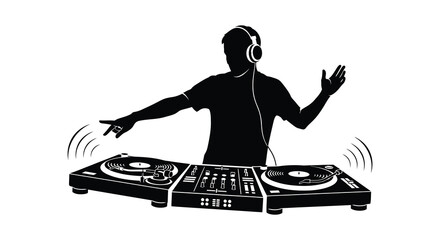 A striking black and white depiction of a dj mixing music with turntables and headphones presented as a silhouette high quality