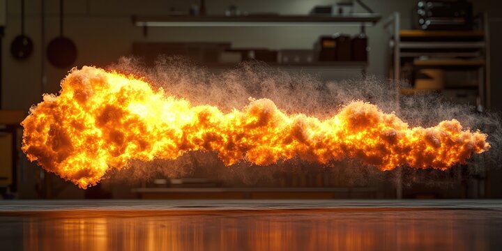 Massive explosion erupts over rough ocean waves, fire and smoke plumes rising into stormy sky. Generative by AI.