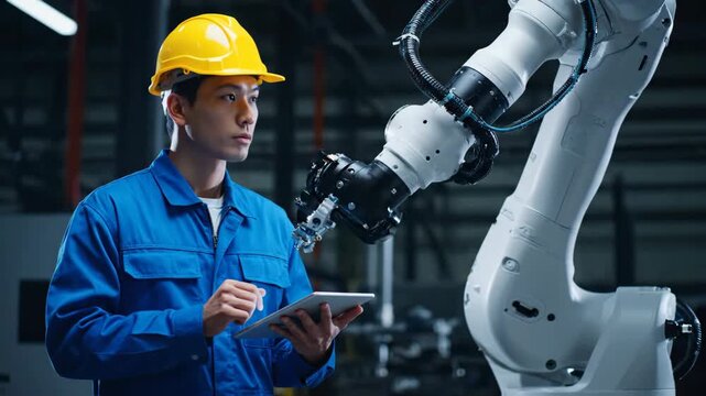 Man in blue uniform and yellow hard hat uses tablet near industrial robotic arm.