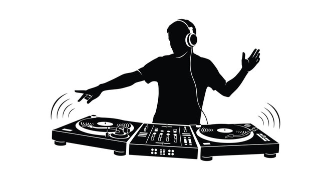 A striking black and white depiction of a dj mixing music with turntables and headphones presented as a silhouette high quality