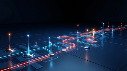 Futuristic abstract technology background with glowing blue and orange neon lines connecting nodes on dark circuit board surface illustrating digital data transfer and network connectivity