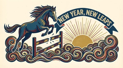 New year new leaps with a horse jumping over a fence and a sun rising above waves Generative AI
