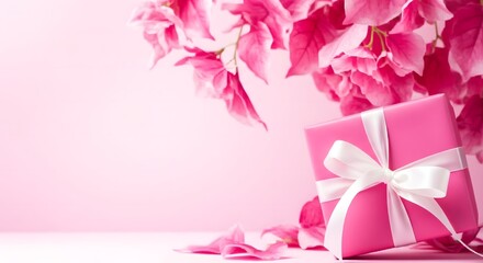 Beautiful pink gift box with white ribbon for mother's day celebration