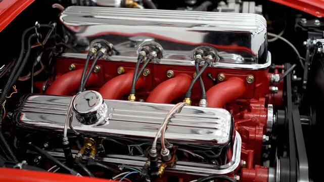 A close-up view of a high-performance engine featuring artificial intelligence systems with complex machinery and red components in a modern vehicle engine bay