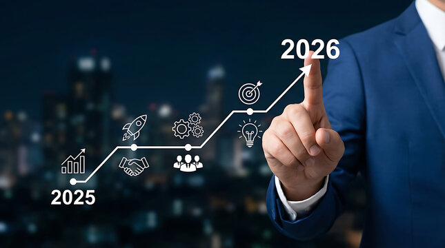 Business growth concept showing year twenty twenty five to twenty twenty six with rising arrow graph and icons for profit increase and financial success development plan - Powered by Adobe