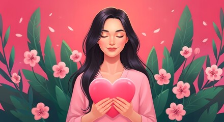 Mother's day illustration woman holding heart surrounded by flowers