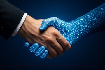 Human and robotic hand shaking in agreement symbolizing partnership between technology and business on futuristic digital background conceptually. Ai generative