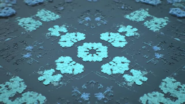 Dynamic abstract digital patterns evolve and expand. Intricate, symmetrical structures form on a dark background.