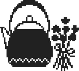 Obraz premium pixel art black kettle with handle and spout beside bouquet of flowers tied with bow