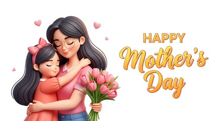 Happy mother's day illustration of loving mom embracing daughter with flowers
