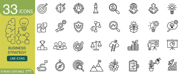 Business strategy icon set with thin line vector symbols for marketing and management. collection of simple outline pictograms for planning, development, and goal success