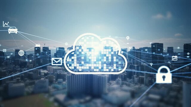 現代都市のドローン空撮とクラウドコンピューティングのコンセプト