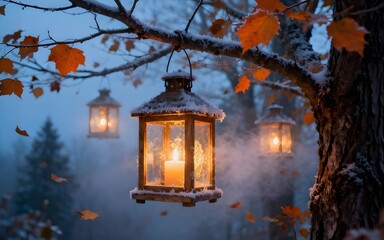 Enchanting Autumn Evening Lanterns Illuminate a Misty Forest Scene.
