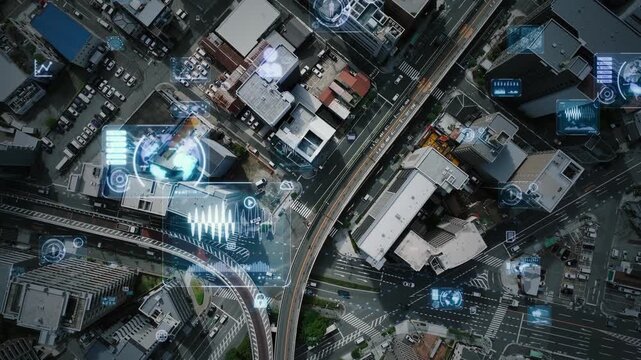 現代都市と道路の真俯瞰ドローン空撮とデジタルテクノロジーのコンセプト