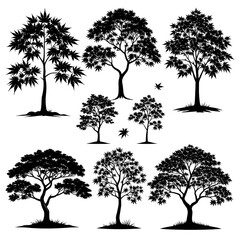 Fototapeta premium Silhouette collection of various leaf-covered tree designs, monochrome