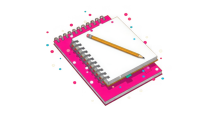 Pink spiral notebook with pencil on and colorful dots around isolated on a transparent background