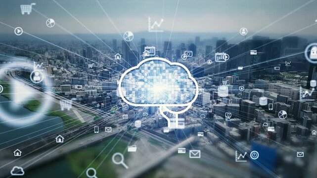 Drone aerial view of modern city and AI network concept