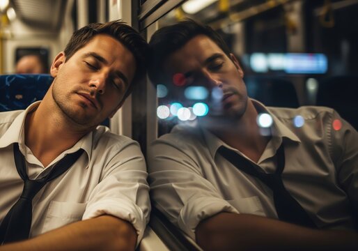 Man sleeping on train reflected in window during night commute