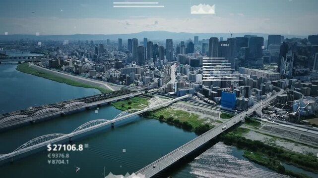Drone aerial view of modern city and roads and statistical data concept