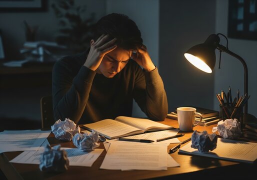 Stressed young person struggling with overwhelming work late at night