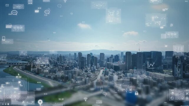 Drone aerial view of modern city and roads and digital technology concept